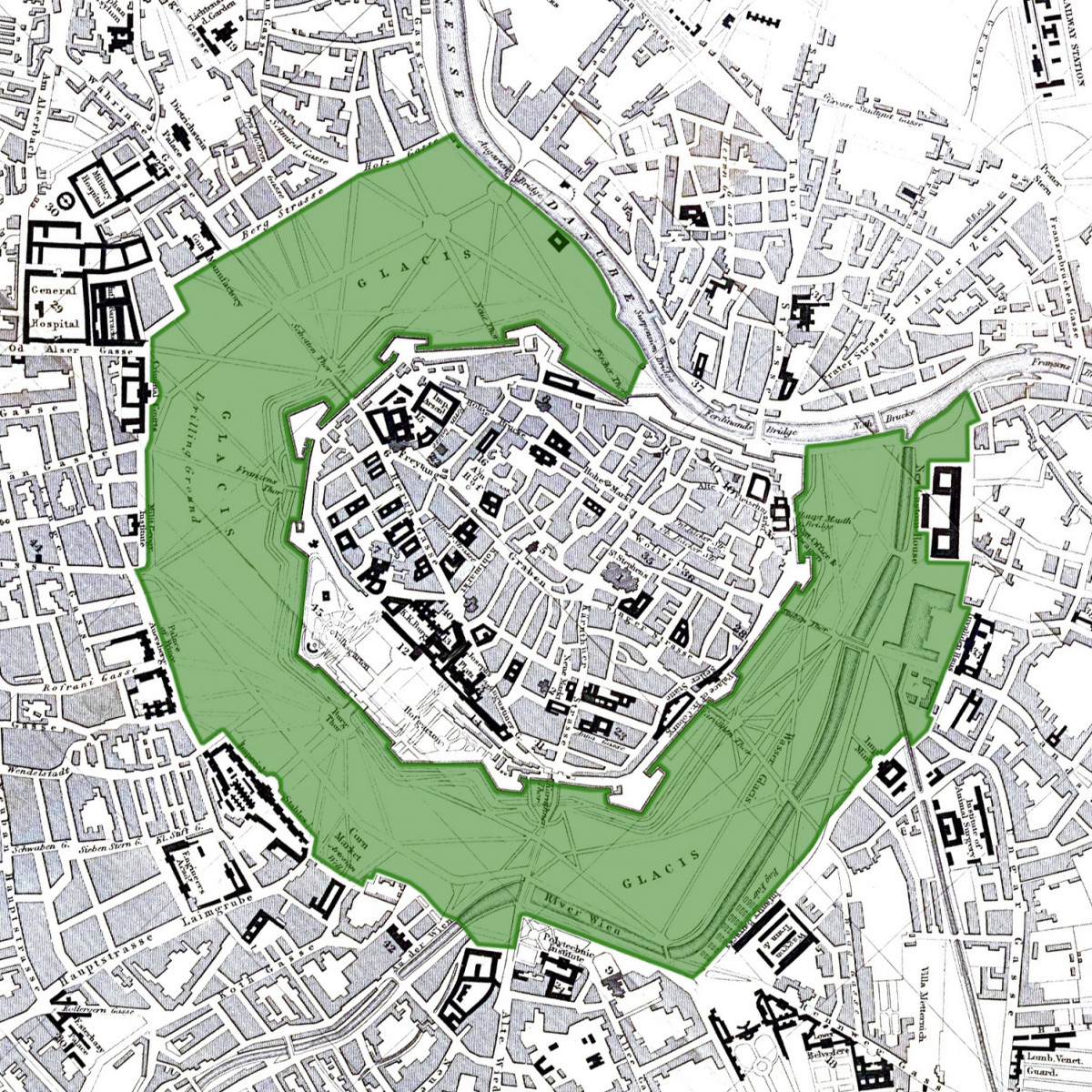 Wiener Glacis 1858 - Basiskarte von John Murray